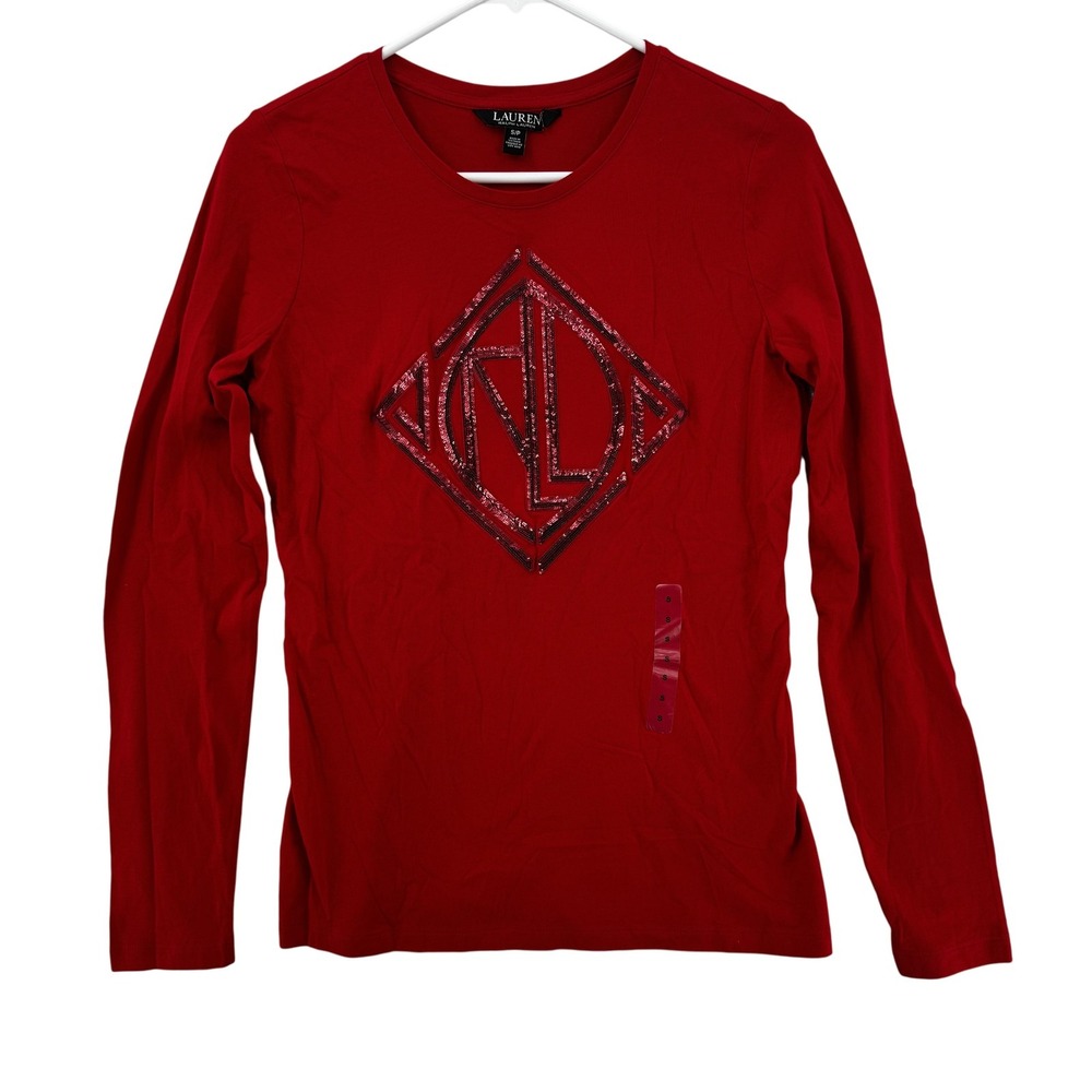 Lauren Ralph Lauren Shirt Womens Small Red Long Sleeve Sequin Logo‎ Crewneck Top
